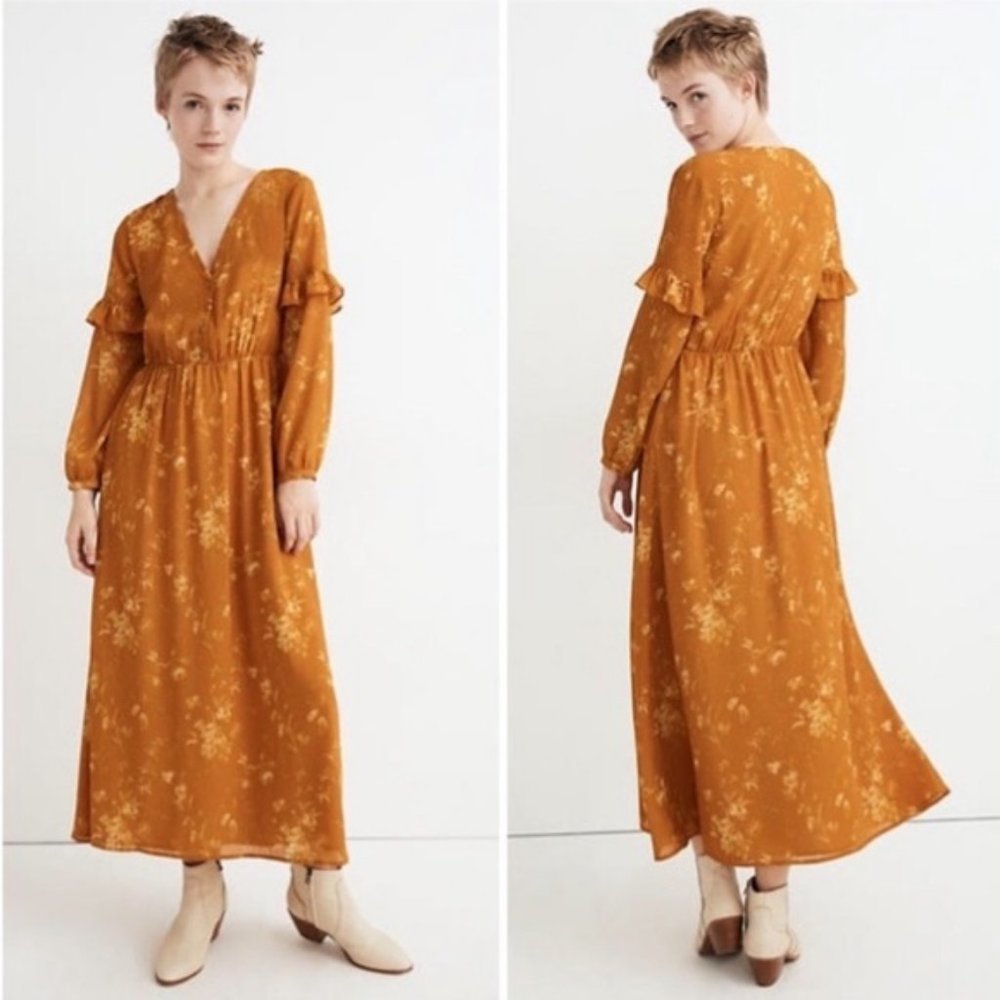 Madewell Ruffle Maxi Dress Mustard Floral Botanical -10